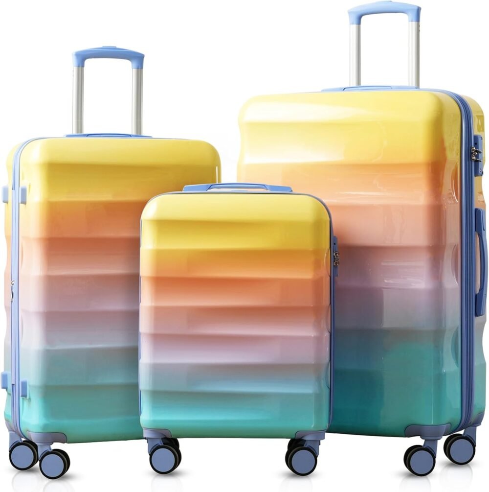 Hardshell Luggage Set 3 Piece – 20"/24"/28" Expandable Colorful Glossy Suitcases with Spinner Wheels and , Lightweight Durable PC+ABS for Stylish Travel (Orange and Blue)