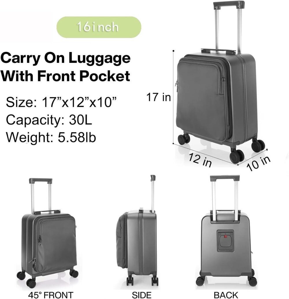 Laptop Briefcase with Cup Holder,Small Rolling Suitcase for Work,Carry On Luggage 17x12x10,16 Inch Suitcases with 4 Spinner Wheels,Rolling Teacher Bag Grey - Image 2