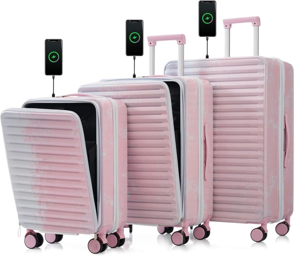 Luggage Sets 3 Piece Suitcase Set with Front Pocket, PC Hardside Carry on Luggage Set with Spinner Wheels Cup Holder USB Port and ，Pink+Blue