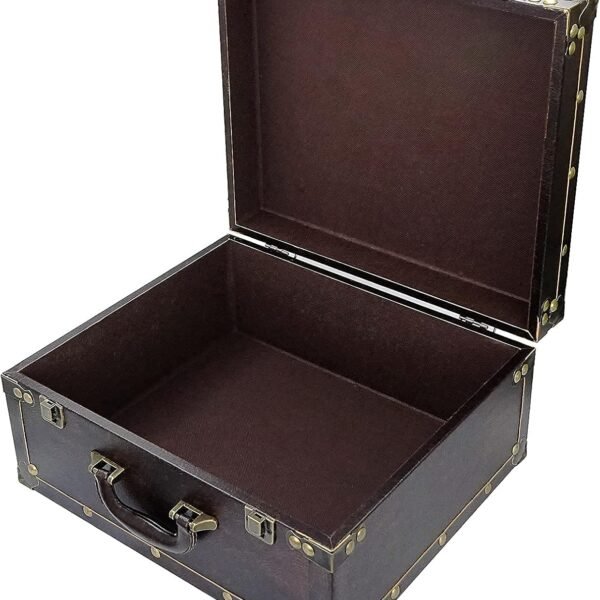 Large Wooden Decorative Storage Trunk - Wood Leather Treasure Chest Box Vintage Suitcase, 13.8" x 11.8" x 6.9"