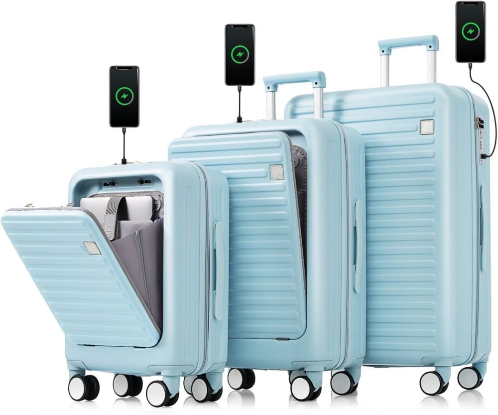 Luggage Set of 3, 20/24/28 Inch with USB Port, Cup Holder and Spinner Wheels, 20/24 Inch ABS Hard Shell Suitcase with Front Opening Design, Light Blue - Image 2