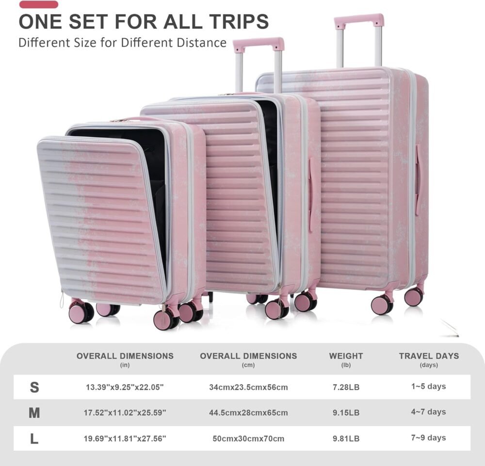 Luggage Sets 3 Piece Suitcase Set with Front Pocket, PC Hardside Carry on Luggage Set with Spinner Wheels Cup Holder USB Port and ，Pink+Blue - Image 2