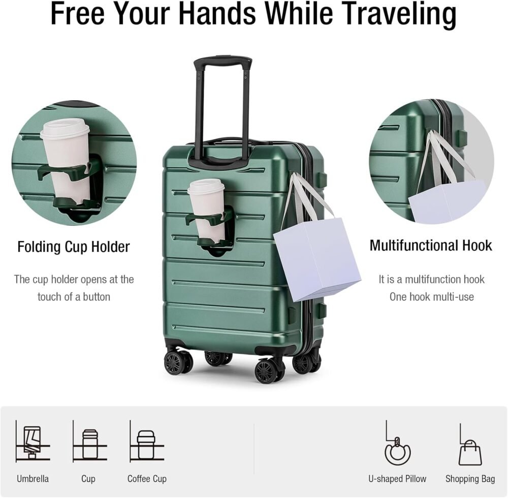 Hardside Carry On Luggage 22x14x9 Airline Approved,22 Inch Hard Shell Suitcase with Double Spinner Wheels ,Travel Rolling Luggage with Cup Holder for Men Women,Green - Image 2