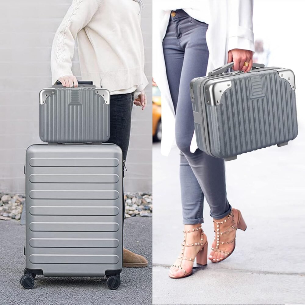 Portable Hard Shell Cosmetic Travel Case, Small Travel Hand Luggage with Elastic Band, Mini ABS Carrying Makeup Case Suitcase, Silver - Image 2