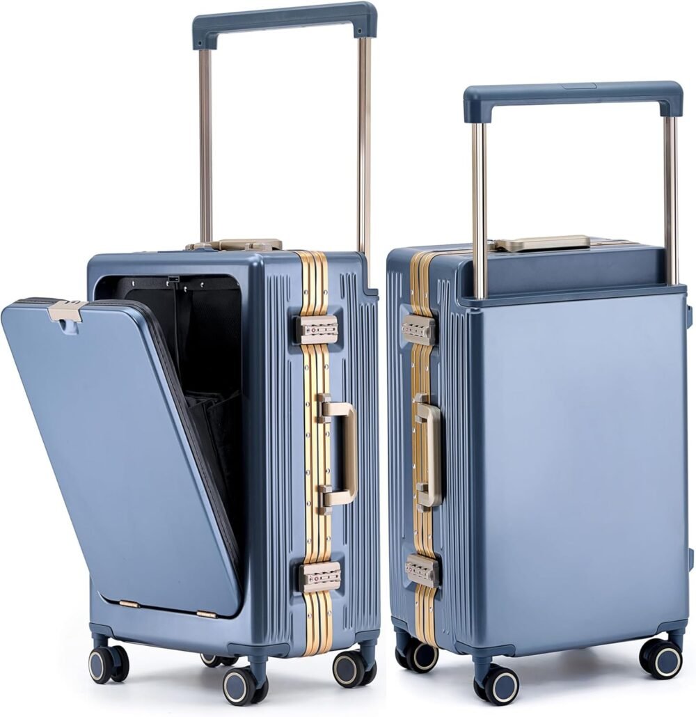 20" Aluminium Frame Hardside PC Carry on Luggage - Wide Handle Double Spinner Wheels Suitcase with