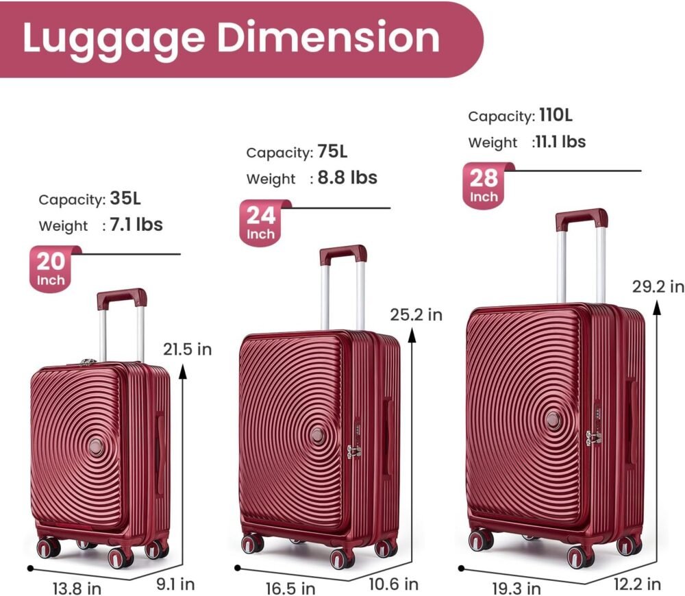 Luggage Sets 3 Piece,Front Open PC Hardshell Expandable Carry on Suitcase with Spinner Wheels and ,Lightweight 20in/24in/28in Luggage,Wine Red - Image 2