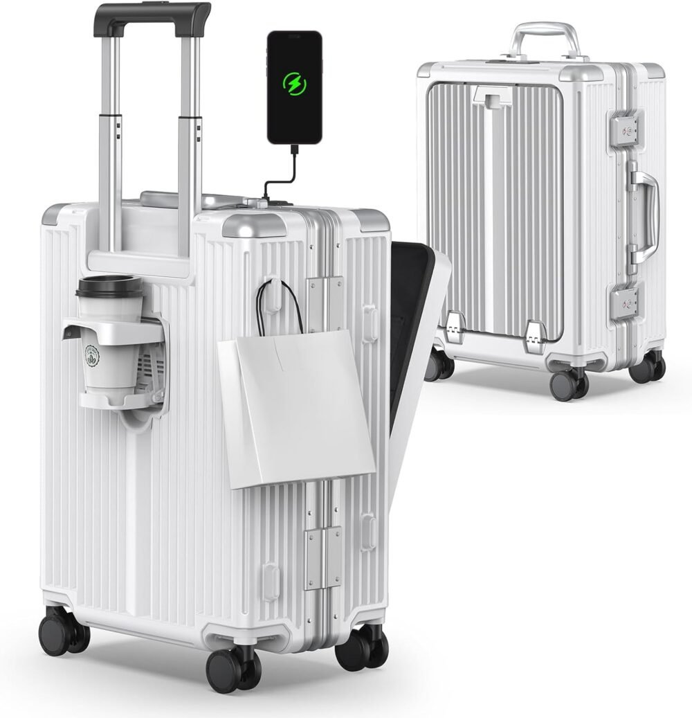 Portable Carry on Luggage with Cup Holder & USB Port & Front Opening Door, Cover  Protect Your Luggage, A Practical Suitcase with Front Open Compartment. (white)