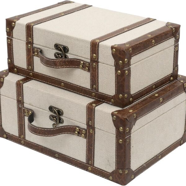 Vintage Suitcase Linen Fabric Covered Decorative Trunk Set of 2 - Antique-Style Wood Chests, Perfect for Weddings and Keepsakes