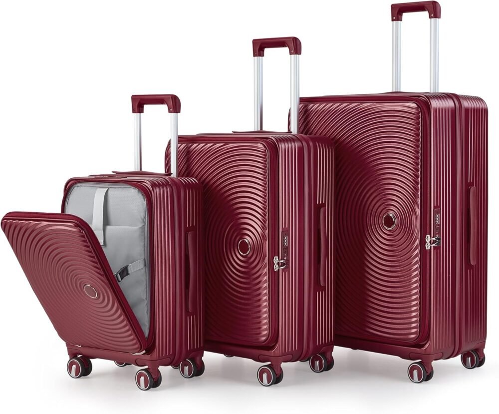 Luggage Sets 3 Piece,Front Open PC Hardshell Expandable Carry on Suitcase with Spinner Wheels and ,Lightweight 20in/24in/28in Luggage,Wine Red